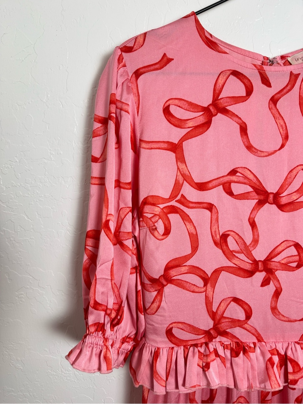 Ivy City Co Pink and Red Ribbon and Bow Print Ruffle Tiered Maxi Dress - Picture 3 of 14
